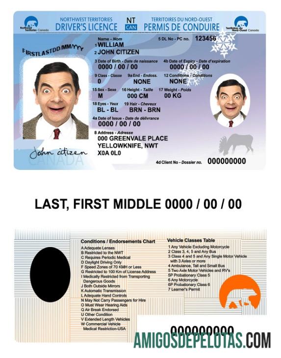 Carteira de motorista dos Territórios do Noroeste do Canadá exemplo real